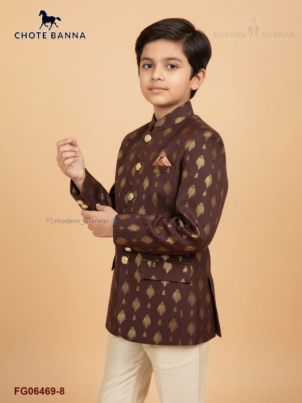 Stylish Jodhpuri suit for boys featuring intricate patterns, perfect for festive occasions