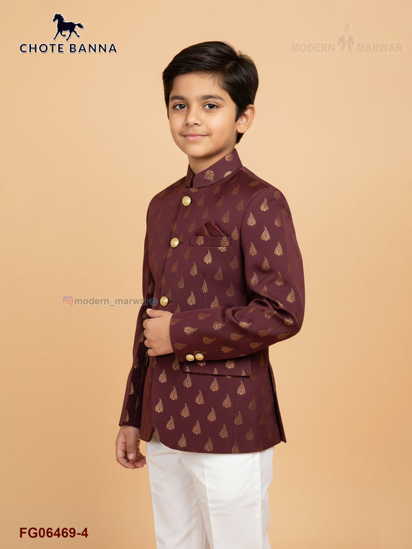 Stylish maroon Jodhpuri suit for boys with golden motifs and elegant design for festive occasions