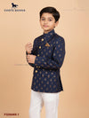 Elegant Jodhpuri suit for boys in navy blue with golden accents and stylish design for special occasions