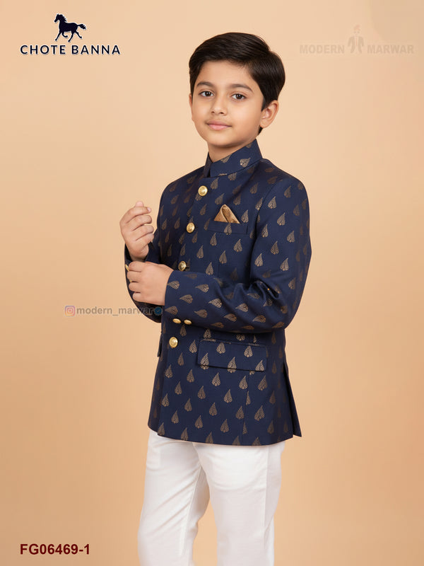 Elegant Jodhpuri suit for boys in navy blue with golden accents and stylish design for special occasions