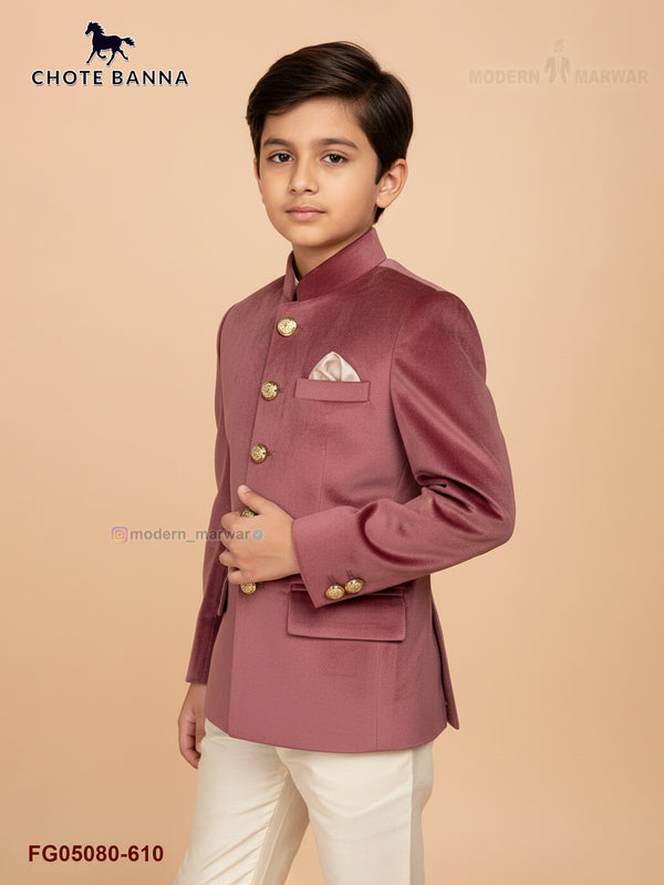 Kids jodhpuri suit by Chotte Banna in elegant maroon with gold buttons, perfect for festive occasions