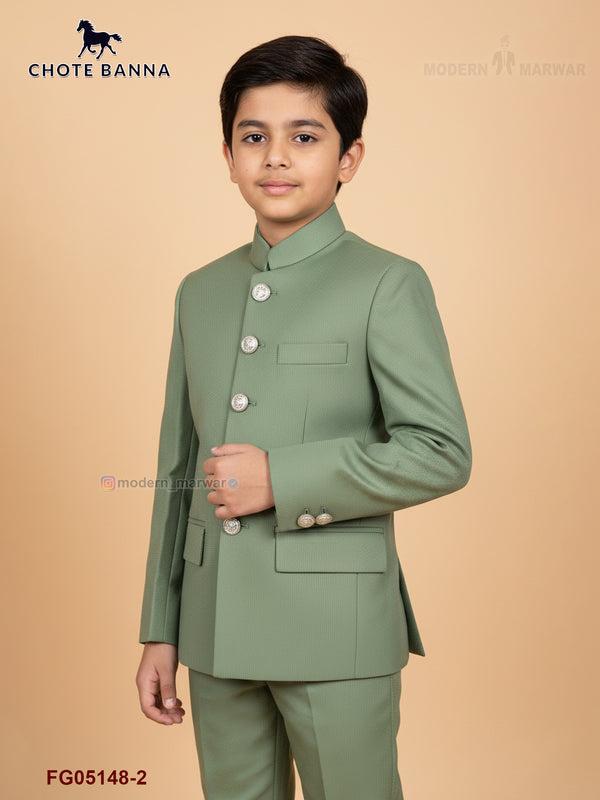 Stylish kids Jodhpuri suit in green, featuring elegant buttons and a modern design for special occasions