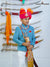 Kids Jodhpuri velvet coat suit in blue with decorative turban and sword for festive occasions
