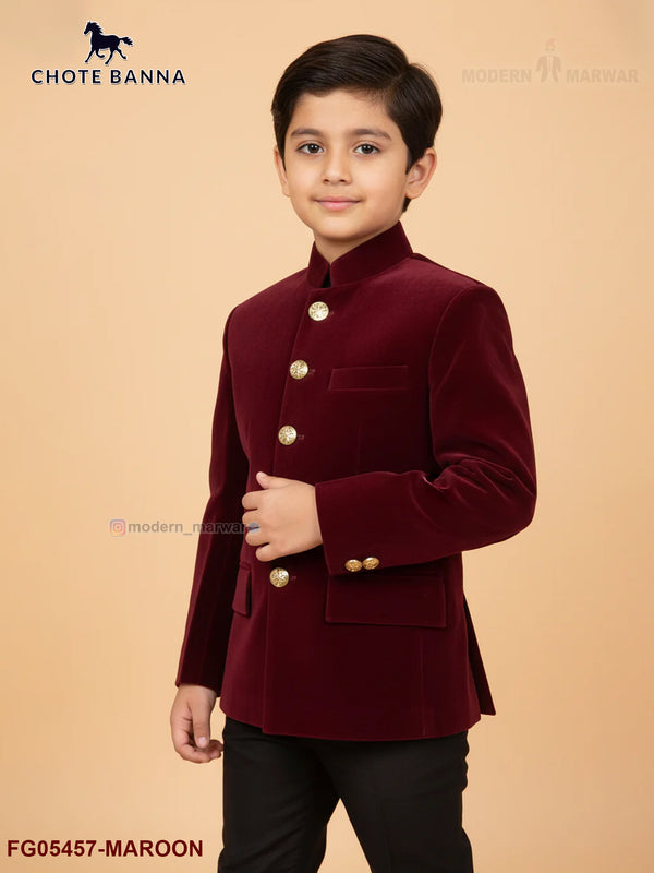 Chotte Banna kids velvet Jodhpuri Suits in maroon with stylish buttons for festive occasions