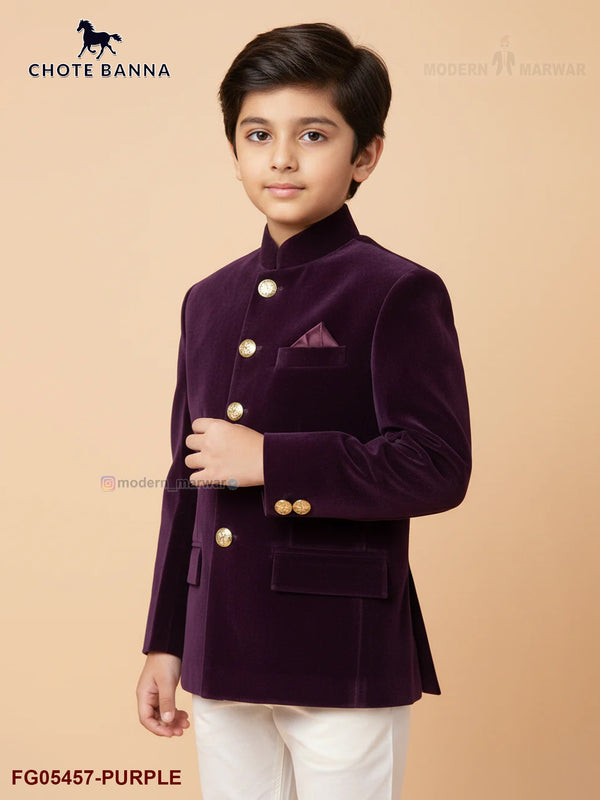 Stylish kids velvet Jodhpuri Suits by CHOTTE BANNA in purple with elegant button details