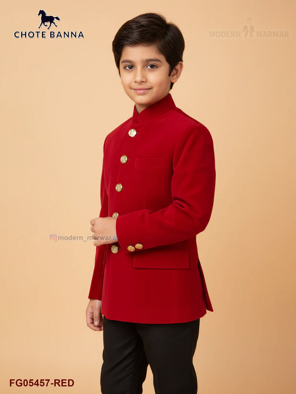 Stylish red kids velvet Jodhpuri Suits by CHOTTE BANNA tailored for festive occasions