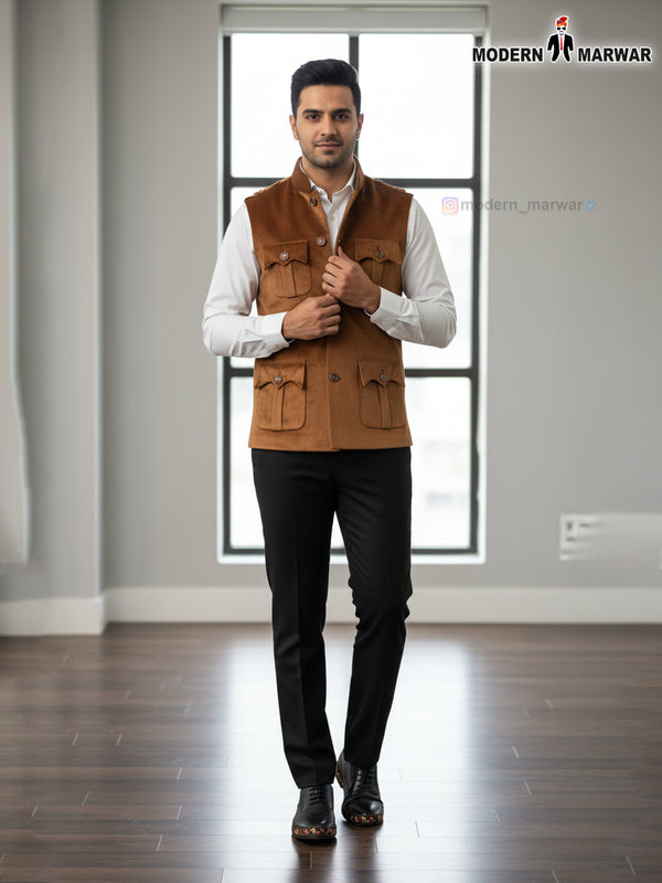 Maroon velvet waistcoat for men featuring a classic design and front pockets for style and functionality