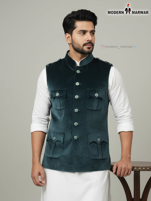 Elegant maroon velvet waistcoat for men with a stylish collar and multiple pockets