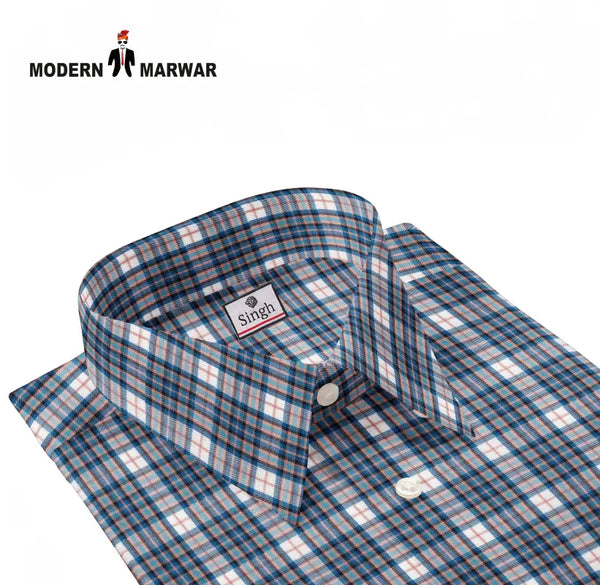 Modern Marwar men's checked shirts in blue, white, and red plaid pattern with a classic collar design