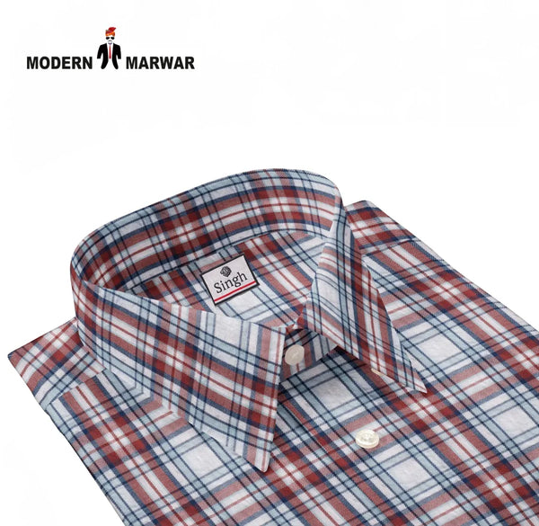 Modern Marwar men's checked shirts in red and blue plaid pattern with a classic collar and button detail