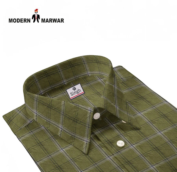 Modern Marwar men's checked shirts in olive green with a stylish foldable collar