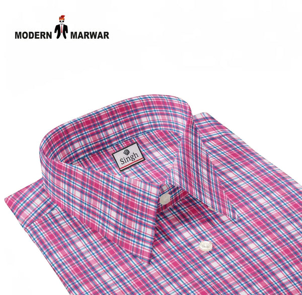 Modern Marwar men's checked shirts online in vibrant pink and blue fabric with a classic collar
