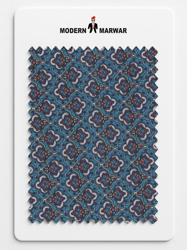 MARUVESH men's ethnic printed fabric swatch featuring intricate blue and colorful patterns
