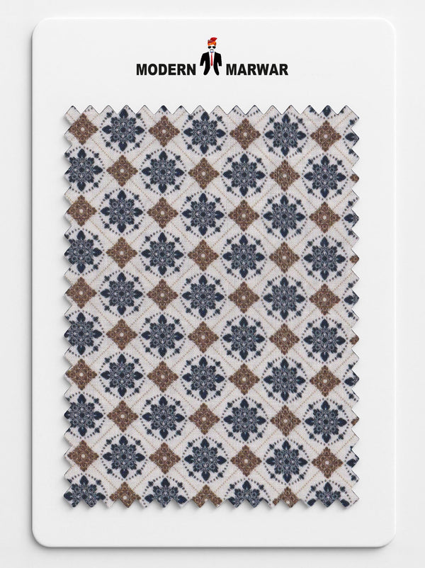 MARUVESH men's ethnic printed fabric in a blue and brown geometric pattern swatch