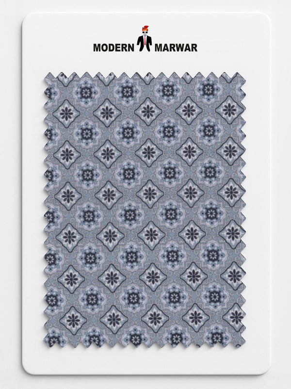 MARUVESH men's ethnic printed fabric swatch featuring intricate blue and gray patterns