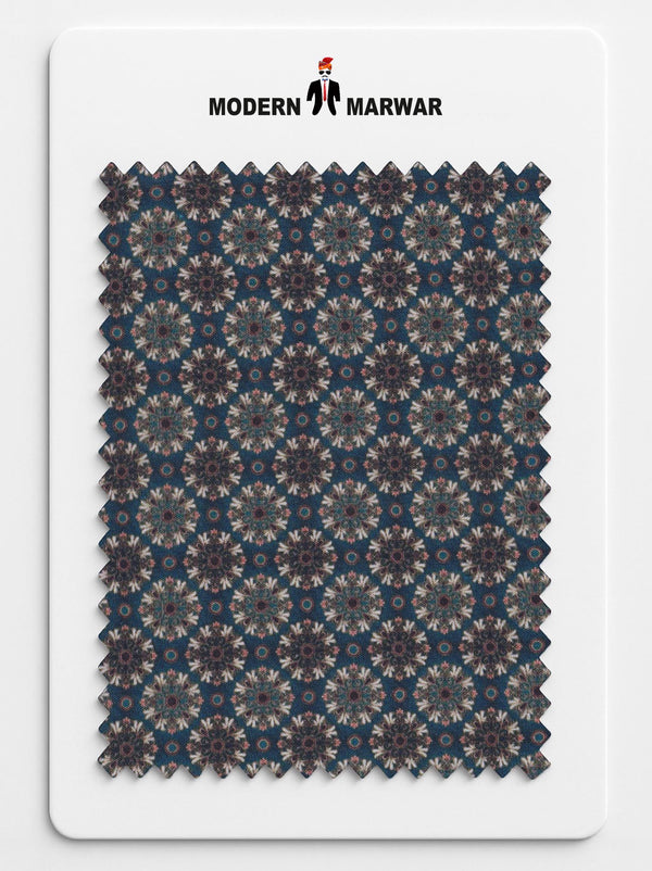 Men's ethnic printed fabric by Maruvesh featuring intricate floral designs in dark blue tones