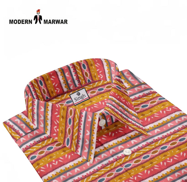 Modern Marwar men's printed shirt featuring vibrant patterns in pink and orange tones