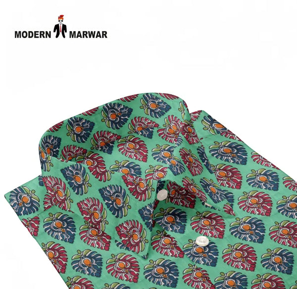 Men's Sanganeri shirts in green with vibrant floral patterns for a stylish look