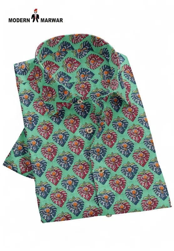 Modern Marwar men's Sanganeri shirts with vibrant floral patterns on a green background
