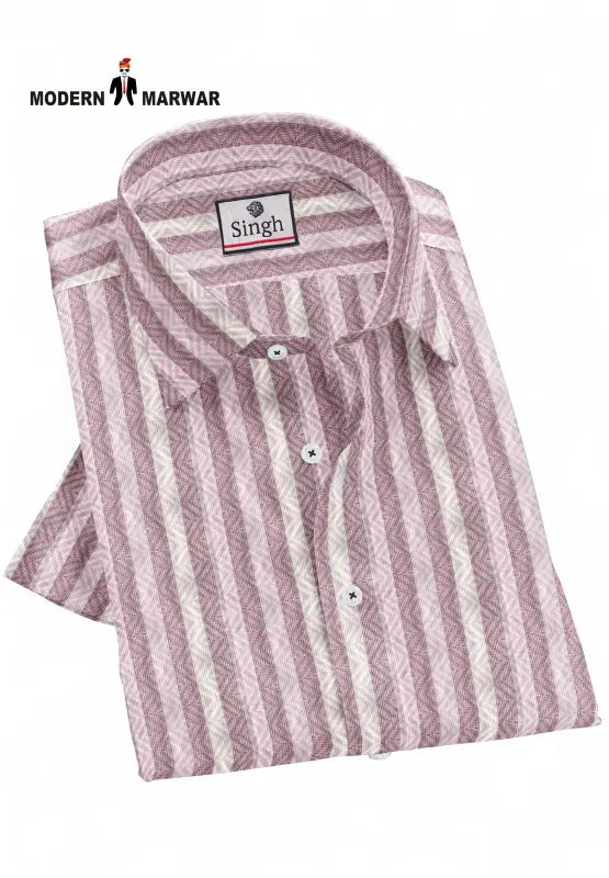 Singh men's striped casual shirt folded with pink and white vertical stripes and button-down collar