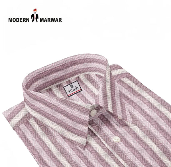 SINGH men's striped casual shirt in light pink and white with classic collar and button closure