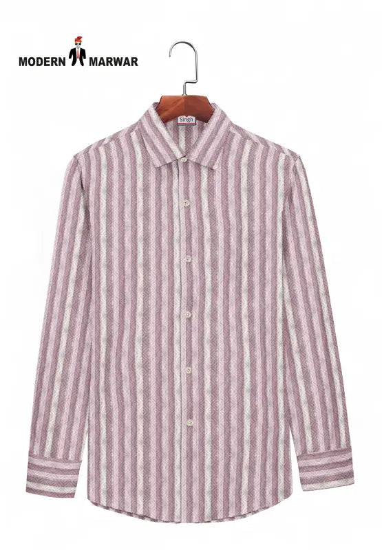 SINGH men's striped casual shirt in pink and white vertical stripes with full sleeves and button-down collar