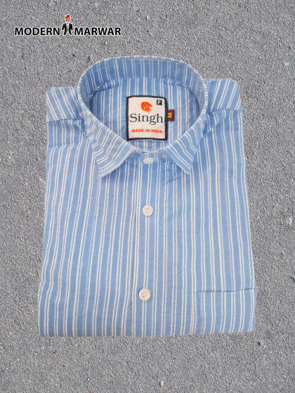 Modern Marwar men's striped formal shirt in light blue with a classic collar and chest pocket