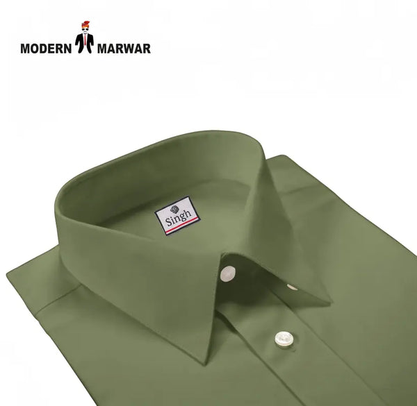 Modern Marwar men's wear olive green shirt with a classic collar and button detail