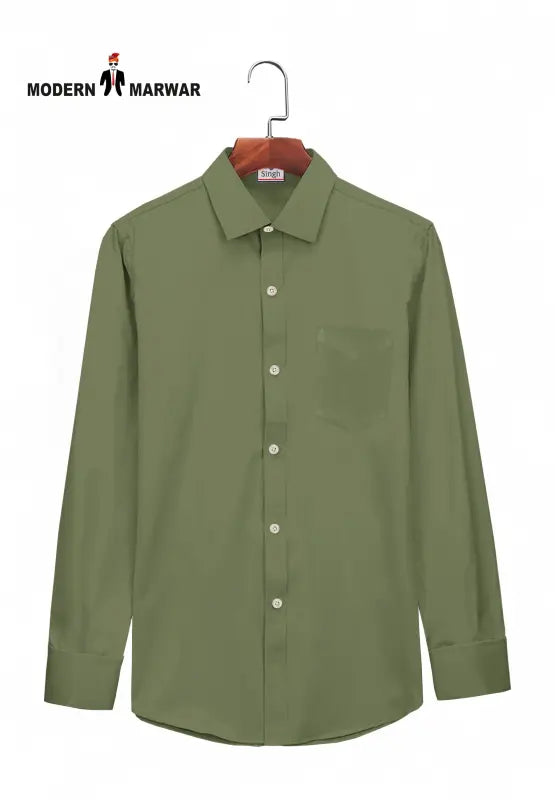 Modern Marwar men's wear olive green long-sleeve shirt with button-down collar and pocket