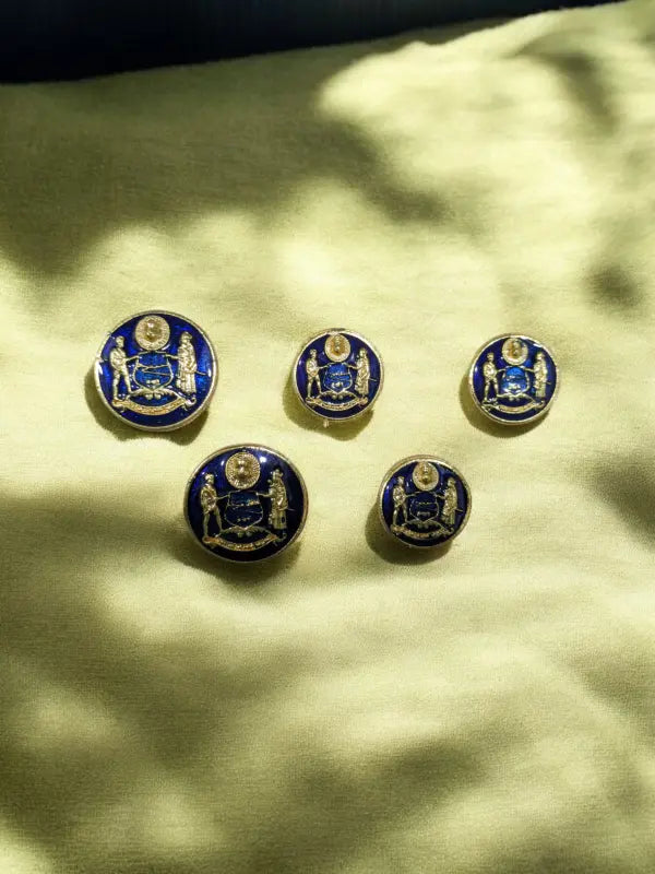 Set of five premium fashion buttons with intricate blue and gold designs for stylish apparel