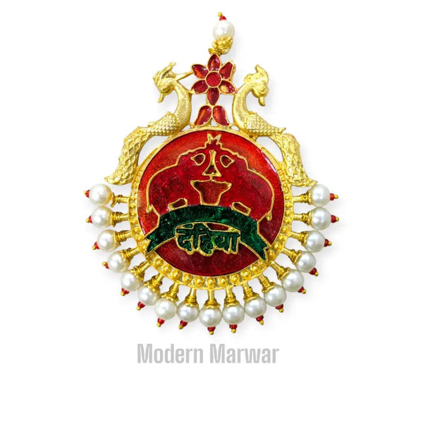 Elegant premium men's jewelry sarpech featuring intricate red and gold design with pearls and detailed craftsmanship