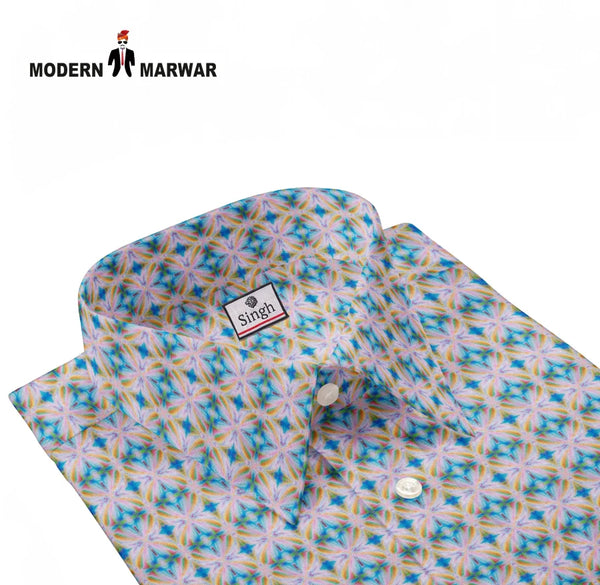 Vibrant floral pattern premium men's shirts online from Modern Marwar with classic collar design