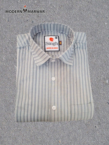 Folded premium men's striped shirt in gray with a classic collar and pocket detail