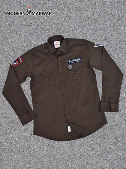 Brown Rajputana men's shirt by Modern Marwar with embroidered patches and button-down design
