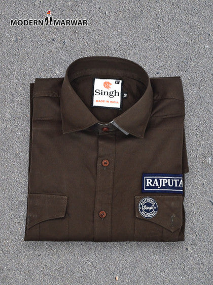 Rajputana men's shirt by Modern Marwar in brown with embroidered patch and button-up design