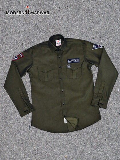 Rajputana men's shirt in olive green with patch details and button-up front from Modern Marwar