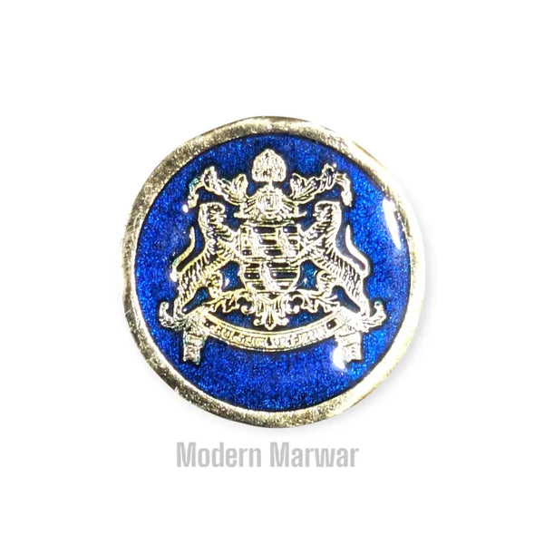 Royal metal buttons with a blue enamel finish featuring a lion crest design from Modern Marwar