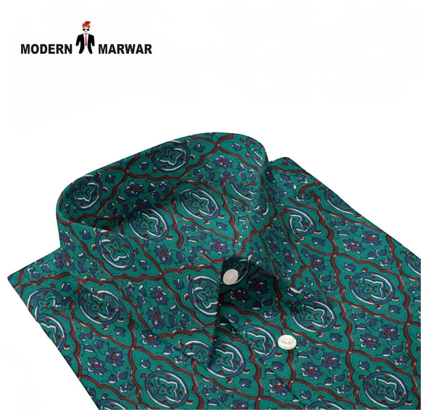 Green patterned Sanganeri casual wear shirts by Modern Marwar folded neatly with button details