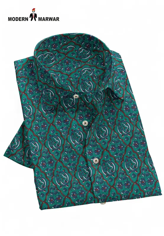 Modern Marwar Sanganeri casual wear shirts green patterned men's shirt with button-down collar
