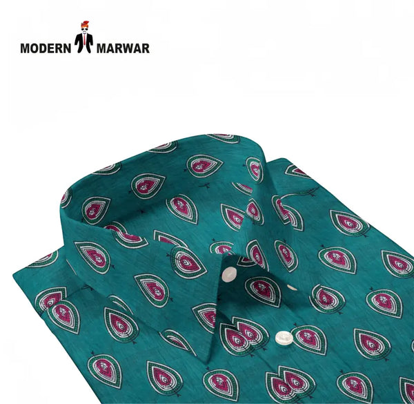 Sanganeri print men's shirt by Modern Marwar with vibrant teal color and stylish design