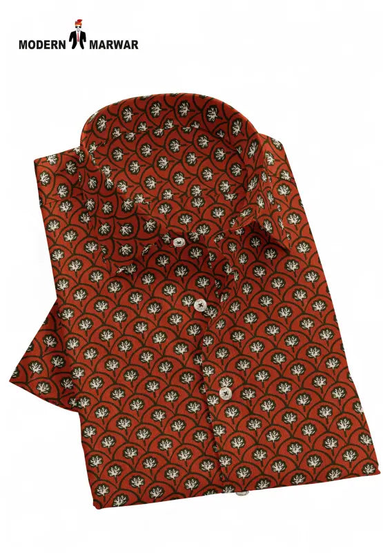 Sanganeri print men's shirt by SINGH featuring intricate floral patterns in rust and black colors