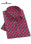 Sanganeri print men's shirt by SINGH with vibrant floral pattern on a red background