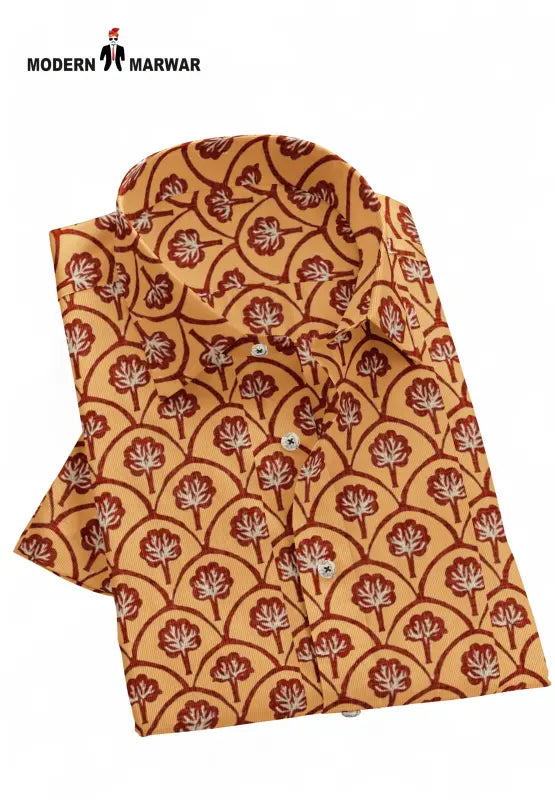Sanganeri print men's shirt by SINGH featuring intricate floral patterns in brown and beige