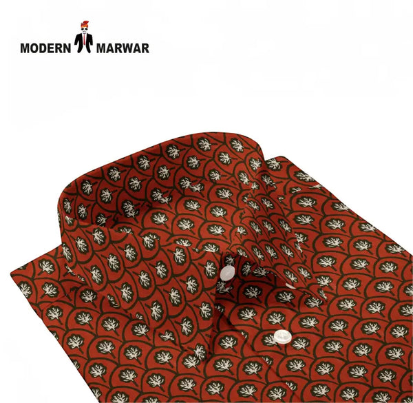 Sanganeri print men's shirt by SINGH in red with black and white floral pattern and button-down collar
