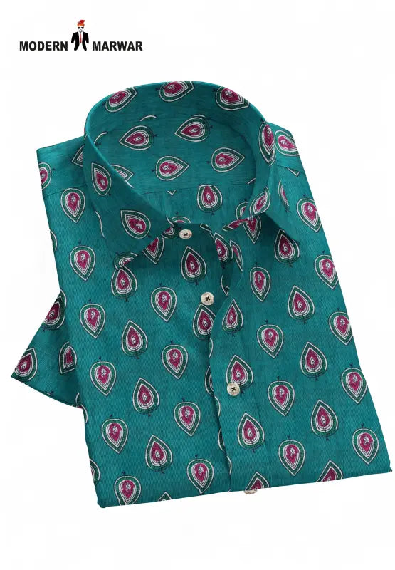 Sanganeri print men's shirt in teal with traditional pattern and button-down collar by Modern Marwar
