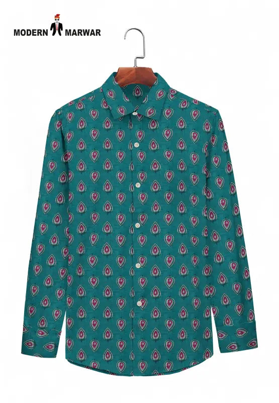 Sanganeri print men's shirt in turquoise with a vibrant floral pattern and button-down collar