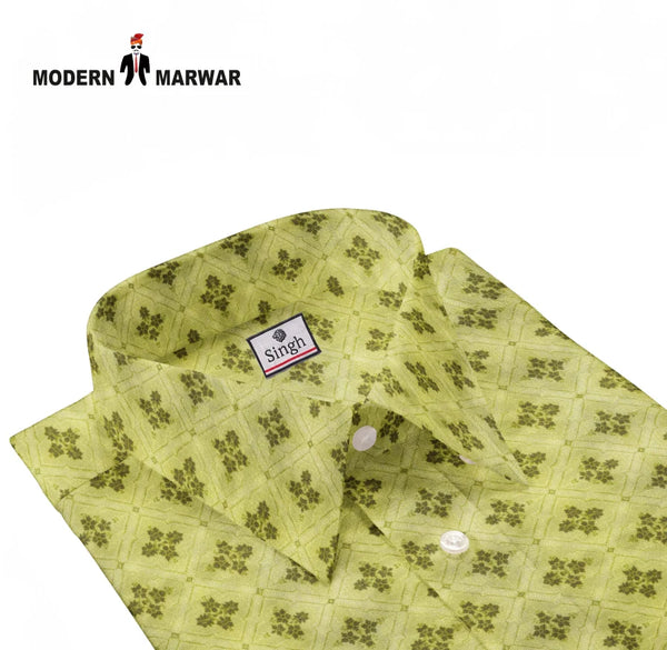 Stylish Sanganeri print shirt men in green featuring a modern collar and button detail