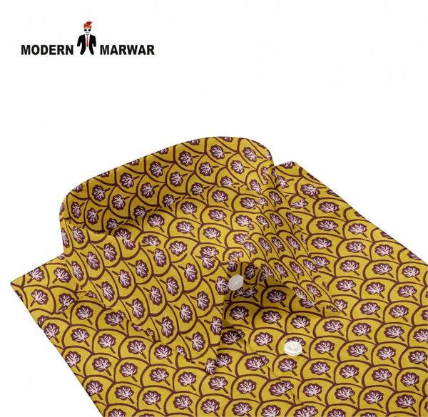 Sanganeri print shirt by Modern Marwar featuring a vibrant yellow and purple floral pattern
