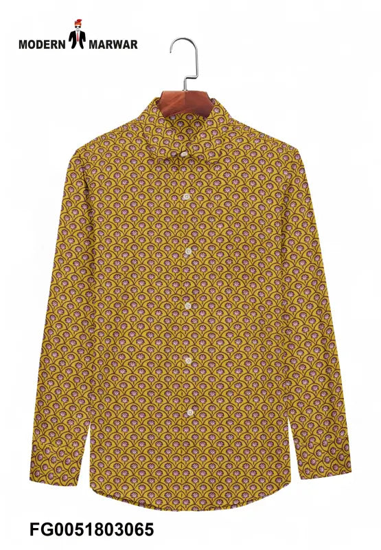 Modern Marwar Sanganeri print shirt in vibrant yellow and intricate pattern for stylish casual wear
