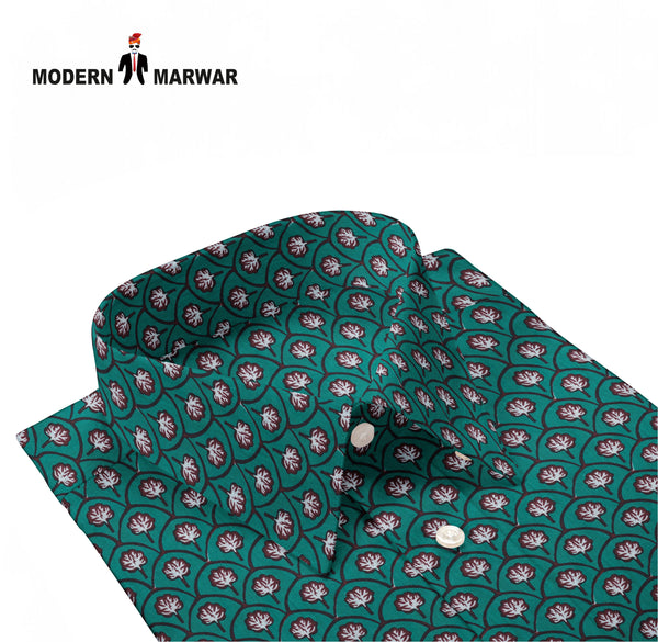 Men's Sanganeri print shirts from Modern Marwar with a vibrant green floral design